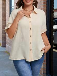 SHEIN LUNE Plus Size Women Solid Color Single Breasted Casual Short Sleeve Shirt, Summer - Apricot - View 1