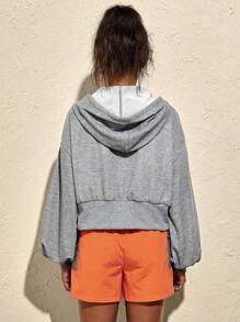 VARSIVA Sudadera deportiva casual de mujer con ajuste holgado, unicolor, hombros caídos, manga larga, cordón ajustable y cremallera, sudadera corta gris con cremallera, sudadera corta para chicas - Gris - Ver 2