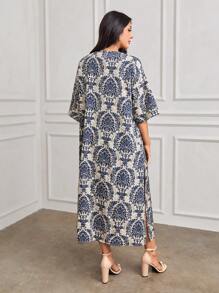 SHEIN LUNE Casual extra lang damesoverhemd met blauwe en witte print en split aan de voorkant