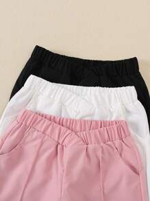 SHEIN Vintaside Kids 女童3件装粉色、黑色、白色休闲宽松喇叭七分裤，高腰直筒裤，2024新款时尚秋冬款 - 彩色 - 查看 6