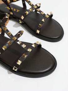 Dép đế bằng kiểu La Mã cho nữ thời trang hở mũi ngoài trời thường ngày bãi biển đường phố đinh tán trang trí bằng mút hoạt tính, màu đen - Gỗ đỏ - Xem 9