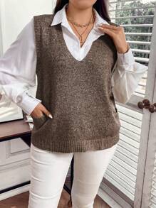 SHEIN Unity Plus Size Women's Solid Color Simple Sleeveless Knit Sweater Vest, For Winter - Coffee Brown - View 6