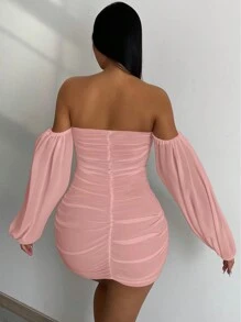 VaVaBold Fall/Winter Costume Off Shoulder Ruched Bodycon Sexy Mini Dress - Baby Pink - View 2