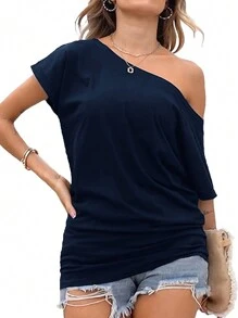 Shapeblank 大码女式夏季休闲宽松露肩蓝色舒适上衣 T 恤、夏季女装、可爱夏季上衣、外出上衣、教师服装、曲线上衣、返校节、秋装 - 藏蓝色 - 查看 3