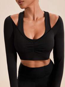 VARSITIE Women's Solid Color Long Sleeve Fitted Sports T-Shirt With Ruching, Versatile - Black - View 5