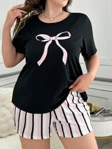 Plus Size Bowknot & Striped Print Short Sleeve Pajama Set - Black - View 5