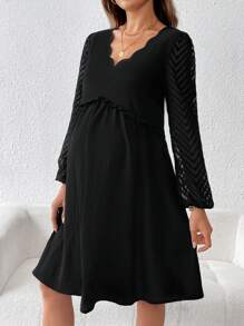 SHEIN Pregnant Women V-Neck Shell Trim Long Sleeve Dress, For Maternity