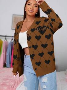 Flirla Plus Size Women's Fall/Winter Casual Heart Print Drop Shoulder Long Sleeve Cardigan