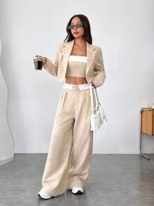 SHEIN EZwear Contrast Color Strapless Top + Long Sleeve Blazer + Stripe Printed Pocket Pants, Women Suit Set - Black and White - View 5