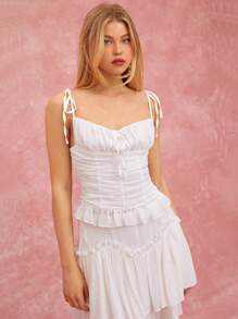 Enchnt Camiseta sin mangas con recogido y lazo delantero en unicolor para mujer - Blanco - Ver 8