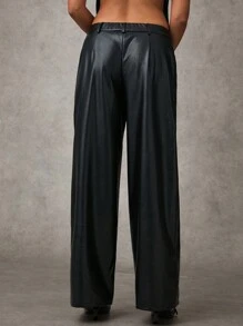 SHEIN BAE Pantalones de moda rectos y sueltos de unicolor con bolsillos de PU para mujer - Negro - Ver 5