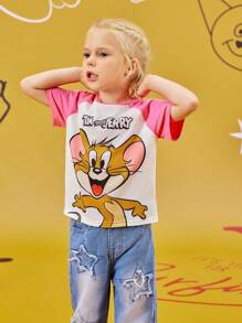 TOM & JERRY X SHEIN Young Girl Cartoon Print Contrast Raglan Sleeve Casual T-Shirt, Summer Graphic Tee