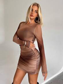 Aloruh Women's Round Neck Long Sleeve Tie-Dye Printed Bodycon Mini Dress, Autumn Winter - Multicolor - View 5