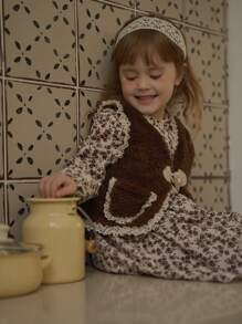 SHEIN 2pcs Girls Monochrome Striped Bow-Knot Print Blouse With Ruffle Trim And Wide Leg Pants Set, Suitable For Vacation, Outing, Casual Gathering, Summer And Spring - Grey - View 5