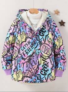 SHEIN Tween Girl Allover Print Front Button Hooded Long Sleeve Jacket - Multicolor - View 5