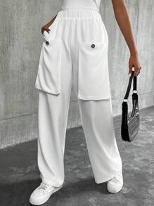 SHEIN LUNE Solid Color Casual Trousers With Large Front Decorative Pockets Fall Cloth For Women - White - View 1