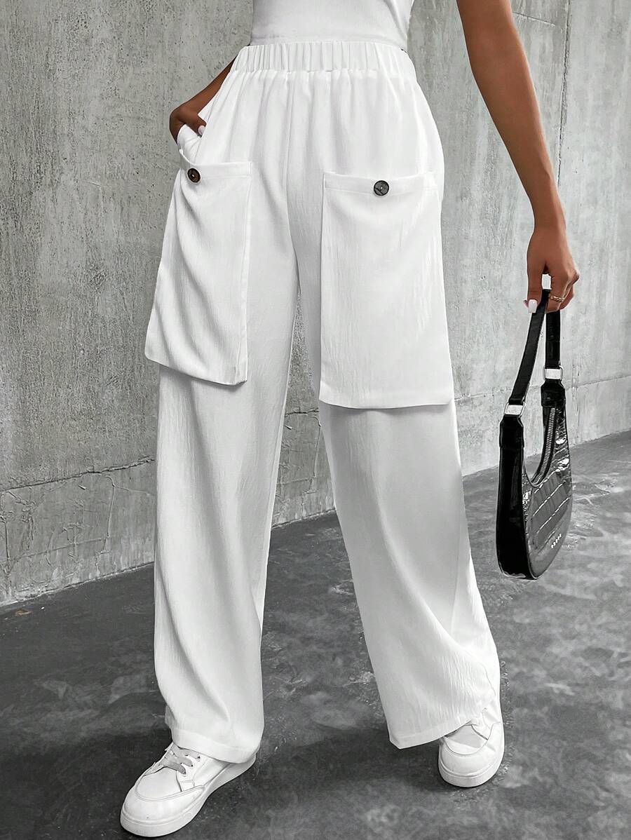SHEIN LUNE Solid Color Casual Trousers With Large Front Decorative Pockets Fall Cloth For Women - White - View 1