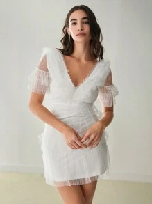 Enchnt Vestido curto de malha elegante de cor sólida para verão feminino - Branco - Ver 8