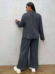 CovetEZ Bộ 2 áo dài tay đơn giản màu trơn cỡ lớn cho nữ và quần dài - Màu xám đen - Xem 2