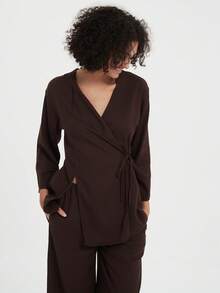 2pcs Women's Vintage Resort Loose Tie V-Neck Jacket And Casual Pants Set