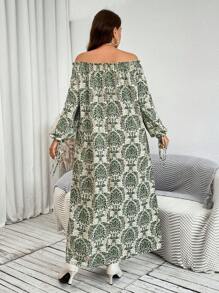 SHEIN LUNE Plus Size Long Sleeve Off Shoulder Pleated Casual Dress,Elegant Wedding Guest White Autumn Sequin Loose Comfortable Green Vintage Women Dresses - Green - View 2