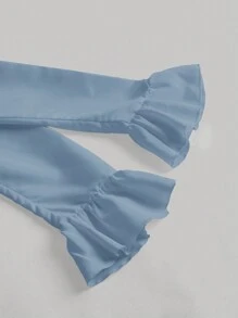 SHEIN MOD 喇叭袖荷叶边下摆泡泡袖白色收腰衬衫 - 藍色 - 查看 3