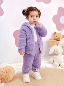 SHEIN Leap Crew 2pcs/Set Baby Girl Cute Solid Color Fluffy Hooded Jacket And Pants Set, Fall/Winter - Purple - View 6
