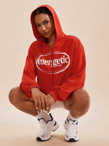 VARSITIE Letter Print Zip Up Sweatshirt - White - View 3