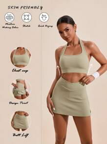 VARSITIE 纯色挂脖休闲上衣和下装女士运动套装 - 綠色 - 查看 5