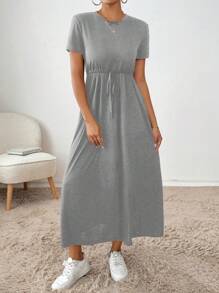 SHEIN Essnce 女士纯色圆领口袋夏季短袖休闲连衣裙 - 淺灰色 - 查看 4