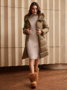 Anewsta Veste beige à capuche longue pour femmes avec couture horizontale