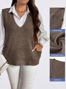 SHEIN Unity Plus Size Women's Solid Color Simple Sleeveless Knit Sweater Vest, For Winter - Coffee Brown - View 1