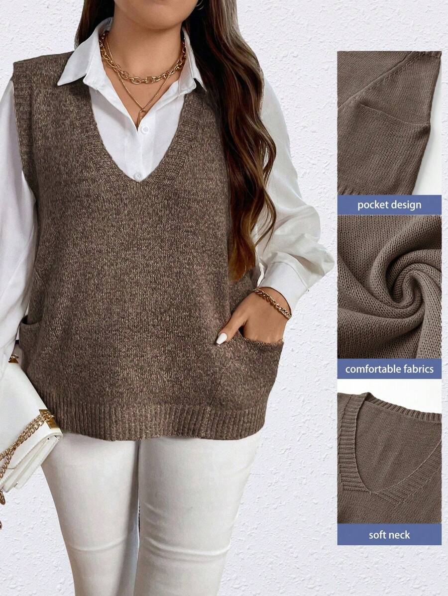 SHEIN Unity Plus Size Women's Solid Color Simple Sleeveless Knit Sweater Vest, For Winter - Coffee Brown - View 1