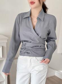 DAZY 1pc Women Plain Long Sleeve Wrap Around Shirt,Fall Clothes - Dusty Blue - View 7