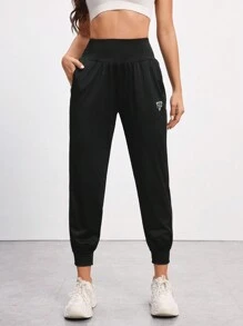 Easithlete Reflective Print High Waist Drawstring Sports Pants - Black - View 6