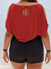 SHEIN LUNE Plus Size Solid Cold Shoulder Batwing Sleeve Tee - Red - View 2