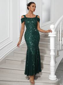 SHEIN Belle Long Mermaid Style Sequin Embellished Formal Gown, Party Dress, Wedding Dress, Prom Evening Dress, For Wedding Guest, Graduation, Dinner, Christmas For Holiday Party Clothes - Dark Green - View 4