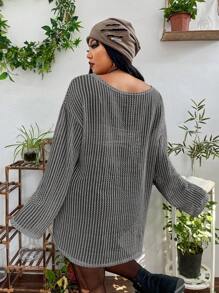 Flirla Plus Size Women Sheer & Hollow Out Long Sleeve Blouse - Dark Grey - View 2