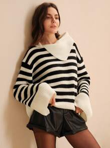 Anewsta Striped Contrast Color Lapel Loose Urban Women Sweater, Knit Pullover Fall Winter - Apricot - View 7
