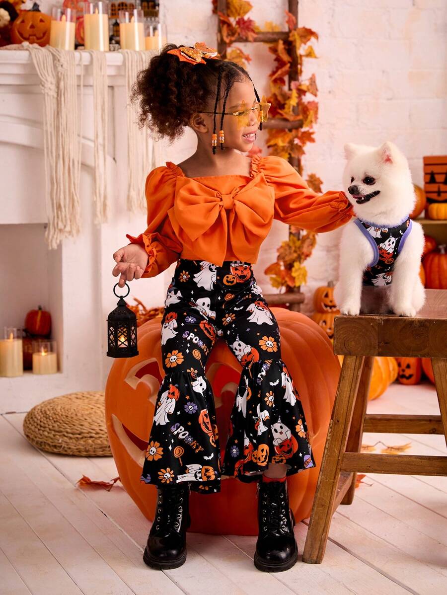 SHEIN 2pcs Young Girl Halloween Theme Knitted Square Neck Ruched Bow Decor Puff Sleeve Crop Top And Knitted Fitted Flared Pants Fall Set - Multicolor - View 1