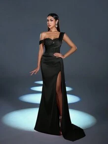 Elegant Sophisticated Satin Asymmetric Maxi Dress With Sequin-Decor Shoulder & Fish-Tailed High-Waisted Slit | Dramatic Evening Look For Galas, Parties Or Luxury Events Party Dress Wedding Guest Dress Formal Dress,Gown - 黑色 - 查看 1