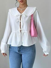 Chiquease Áo kiểu nữ mùa xuân và mùa thu màu trơn cổ Peter Pan tay áo đèn lồng - trắng - Xem 4
