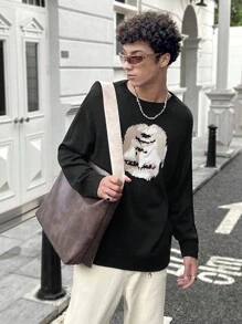 Manfinity Roghcode 男士面部印花圆领休闲长袖毛衣 - 黑色 - 查看 4