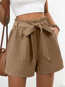 Chiquease Quần đùi nữ Thắt lưng Túi Quần paper-bag màu trơn Giải trí - Màu Khaki - Xem 1