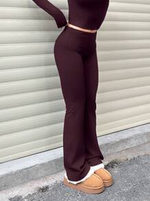 Women's Casual Solid Color Wide-Waist Flare Pants, Leggings Fold-Over Waist High Waist Ruched Slim Fit