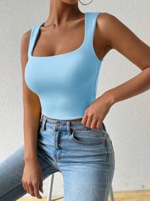 Chiquease Áo ba lỗ cổ vuông thường ngày, màu trơn - Màu xanh lam - Xem 6