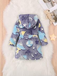 Young Boys Comfortable Warm Glow-In-The-Dark Space & Stars Pattern Plush Robe - Blue - View 2