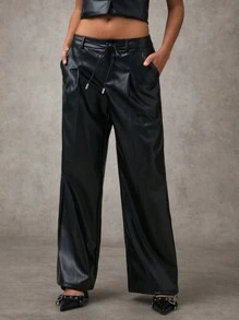 SHEIN BAE Pantalones de moda rectos y sueltos de unicolor con bolsillos de PU para mujer - Negro - Ver 2
