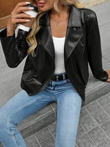 SHEIN LUNE 女士黑色长袖仿皮摩托夹克，适合外出 - 黑色 - 查看 5