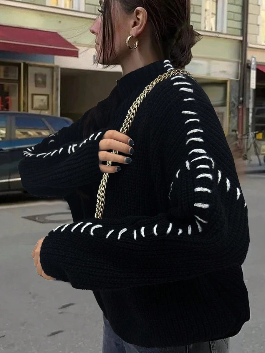 Áo len cổ lọ tay dài dáng rộng mới về mùa thu/đông với họa tiết thiết kế - màu đen - Xem 1